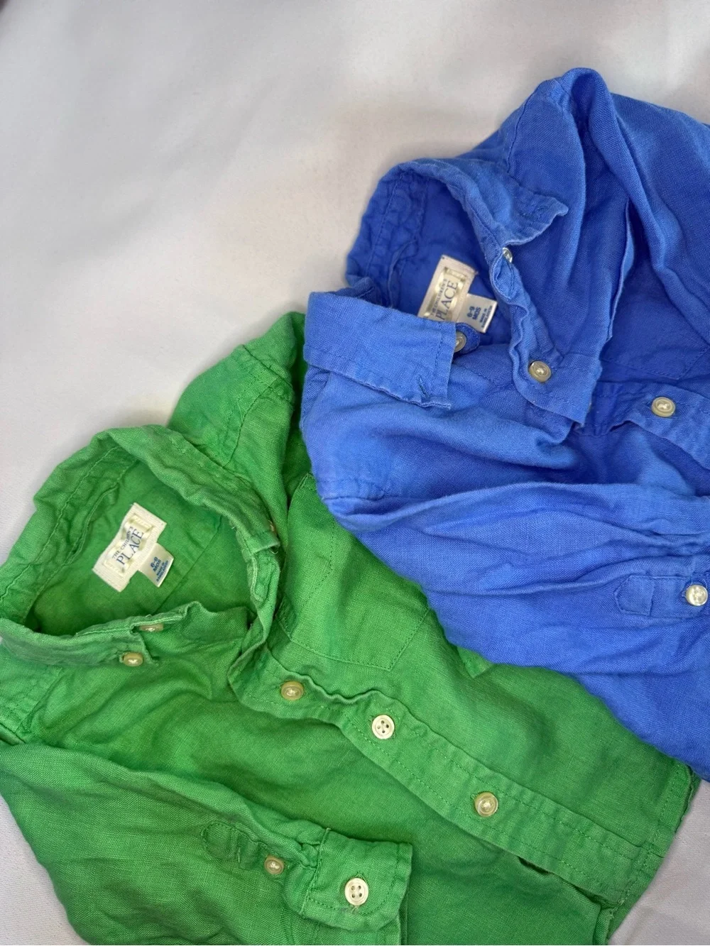 The Children’s Place - 100% Linen Bundle of 2 Button-Up Shirts- Blue/Green 6-9Mo